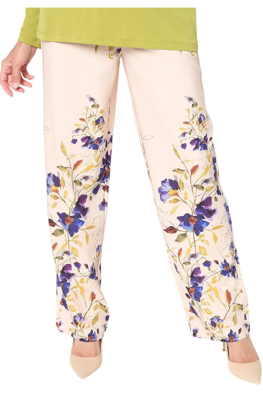 Susan Graver Women's Printed Stretch Matte Wide Leg Pants Ivory/Violet - Plus